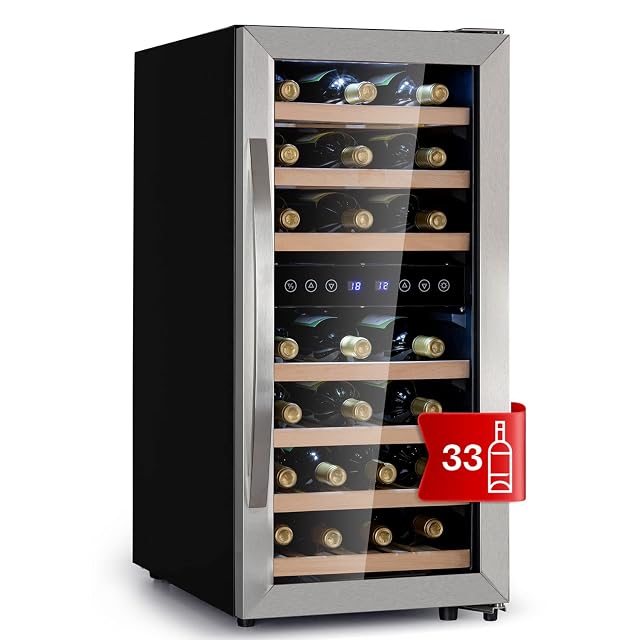 Vinoteca de pie de dos zonas Klarstein de 33 botellas con puerta de cristal